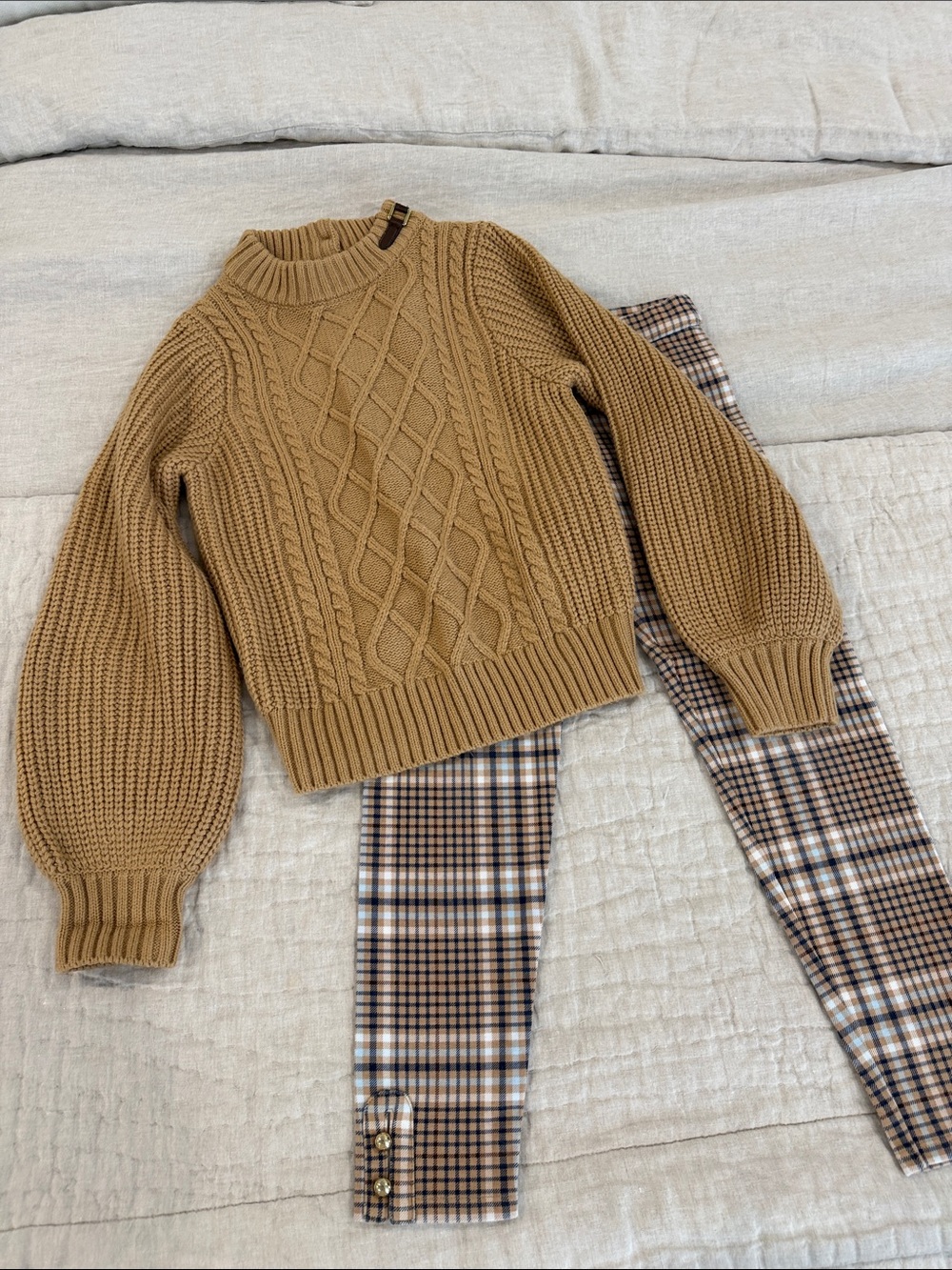 Janie and Jack Camel Cable Knit Sweater with Plaid Leggings - Girls 8